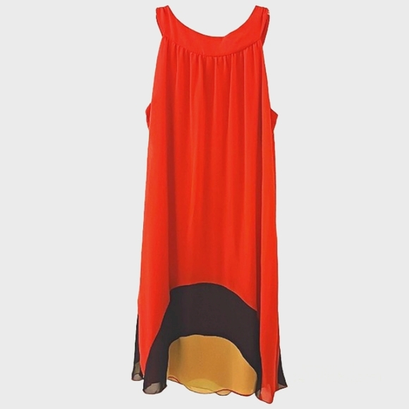 ENFOCUS Studio RED ORANGE Flowy Dress Sz 10 Sleeveless Color block Cocktail - Picture 2 of 9